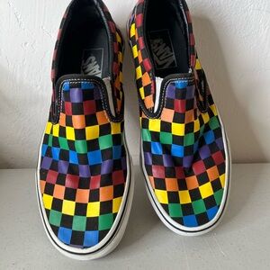 Vans Slip-On Checkerboard Sneakers in Rainbow and Black
